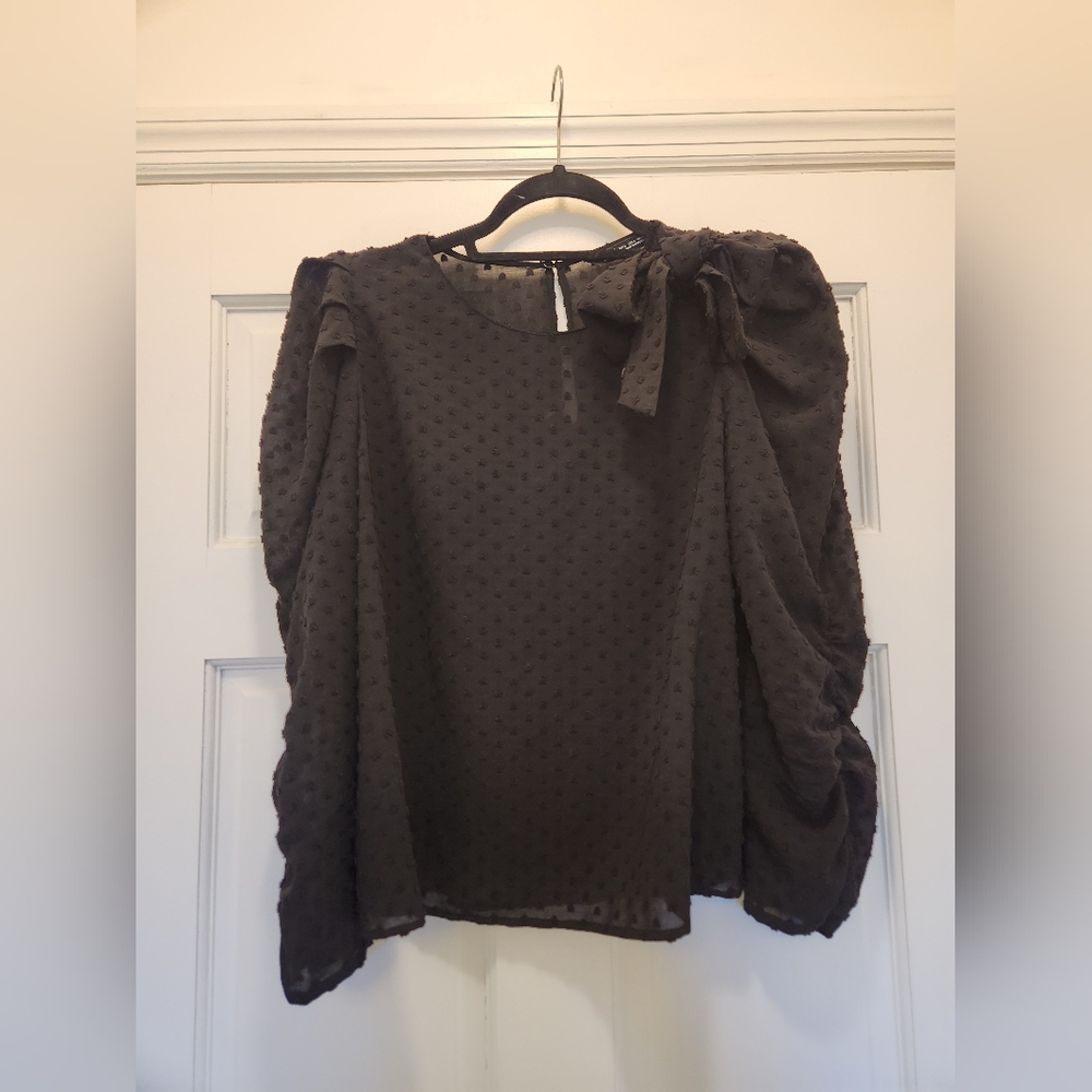 Zara Puff Sleeve Dobby Polka Dot Bow Black Blouse Top L